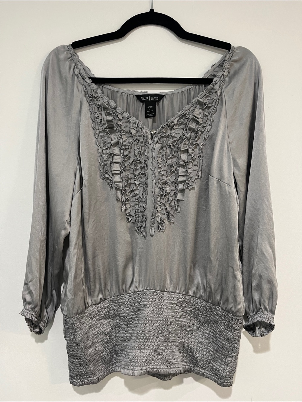 White House Black Market Silver-Grey Ruffled V-Neck Tunic Silk